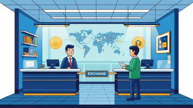 Currency Exchange Office with World Map and Transactions.
