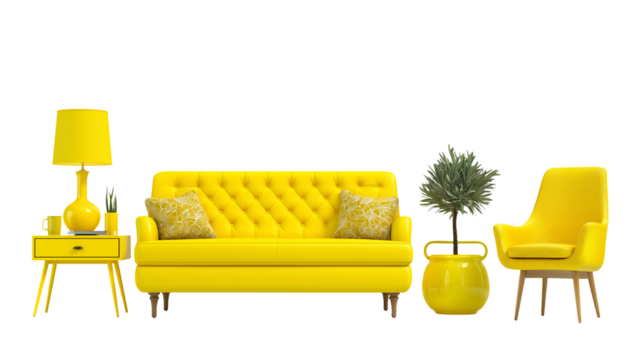A 3D yellow interior room design with a drawer, sofa, chair, and vase isolated on white background in transparent png style.