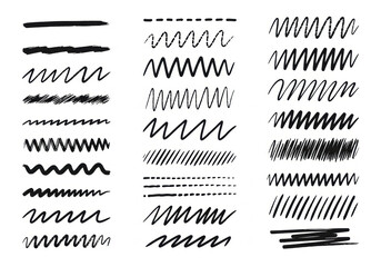 Diverse collection of hand-drawn black lines and brush strokes in solid, wavy, jagged, dashed, dotted, textured styles with organic imperfections, on a pristine transparent background, concept of