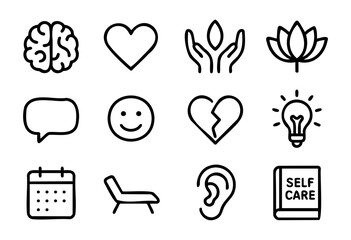 Set of mental health icons in simple bold-line style: brain, heart, hands, lotus, speech bubble, smile, broken heart, idea, calendar, couch, ear, self-care book