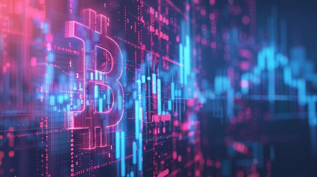 Digital visualization of floating bitcoin coins against dynamic financial graphs for crypto trading