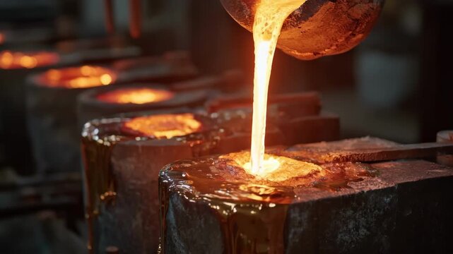 Medium shot of a small batch copper smelting process showcasing molten metal pouring steadily into molds in a traditional workshop setting