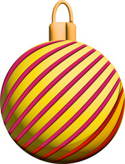 A shiny yellow Christmas ornament with diagonal red stripes is displayed against