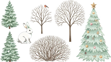 Winter Wonderland A Charming Collection of Trees, a Bunny, and Festive Holiday Decor