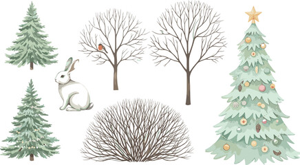 A charming watercolor collection of winter forest elements, featuring a decorated Christmas tree, a white rabbit, a robin, and seasonal trees