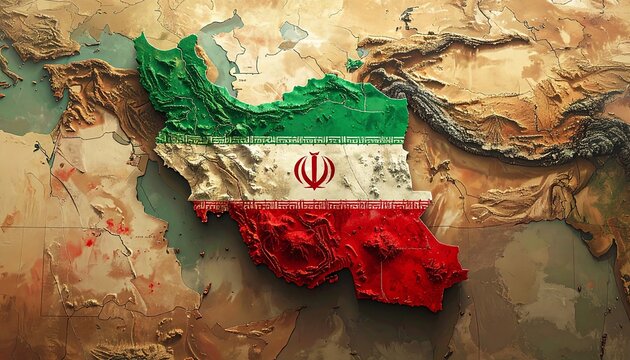 Iran map, textured like its flag, stands out on a cracked earth background, symbolizing geography and national identity. The image captures heritage, struggle, and striking design.