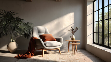 Cozy and minimalist modern living room interior design with a comfortable mid-century modern armchair and a small wooden side table on a neutral beige rug- 3D rendering