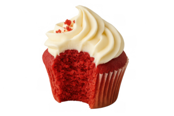 Red velvet cupcake with cream cheese frosting bitten, displaying tempting texture of sweet baked dessert, transparent background