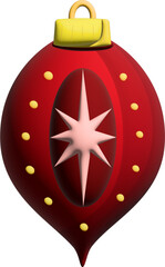 A deep red Christmas ornament with a golden cap features a glowing starburst design in the center surrounded by small decorative dots.