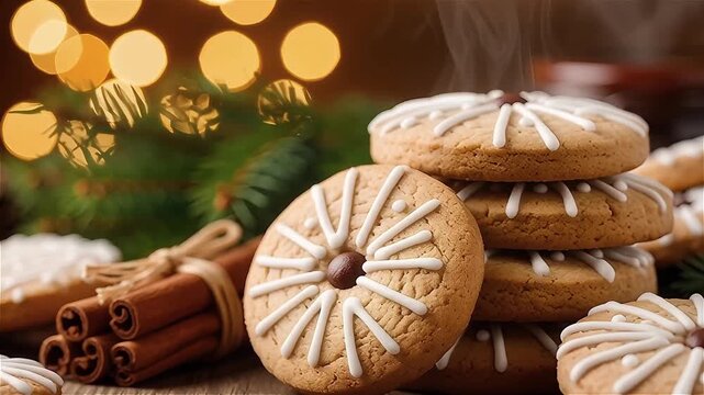 Warm holiday vibes with beautifully decorated gingerbread cookies steaming on a rustic wooden table perfect for winter marketing campaigns and festive recipe videos