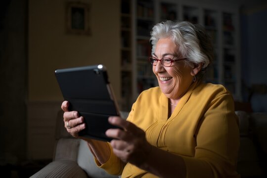 Smiling Senior Woman Using Tablet at Home - Digital Literacy