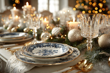 Christmas table setting with plate, cutlery and christmas decorations on white background.