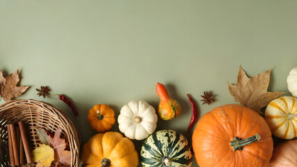 Autumn Harvest Flat Lay with Colorful Pumpkins and Spices on Green Background