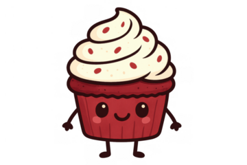 Happy red velvet cupcake character illustration with cream cheese frosting and sprinkles on transparent background