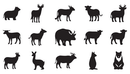 A collection of fifteen animal silhouettes, including deer, sheep, bear, rhinoceros, and other horned mammals, arranged on a white background.