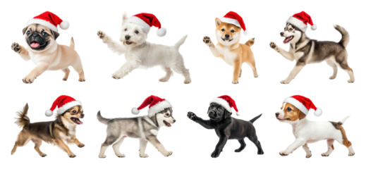 PNG Adorable puppies wearing Santa hats, element set on transparent background