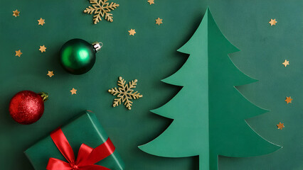 Christmas Flat Lay with Green Paper Tree, Ornaments, and Gift on Green Background