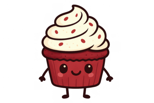 Happy red velvet cupcake character illustration with cream cheese frosting and sprinkles on transparent background - Powered by Adobe