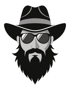 Black and white vector cowboy face with sunglasses and beard perfect for modern logos and branding concepts