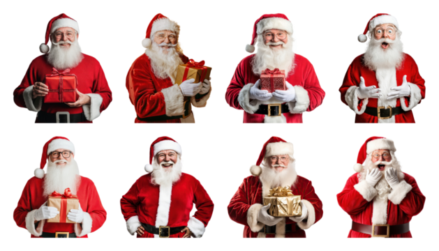 PNG Jolly Santas holding gifts, element set on transparent background