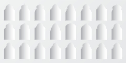 Islamic frames, oriental style objects. Arabic shapes, windows and arches with shadows. Traditional ornamental frame. Muslim holidays, Ramadan Kareem. Modern eastern architecture. Vector illustration