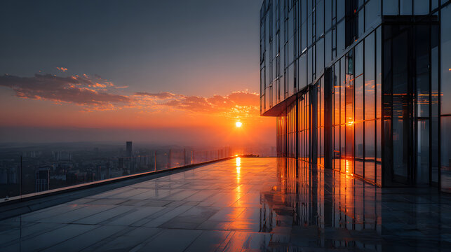 Modern glass building reflecting vibrant cityscape sunset colors