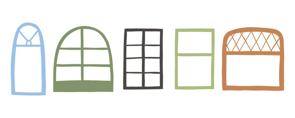 Set of flat cartoon hand drawn variations windows. Vector illustration for design, print and scrapbooking.
