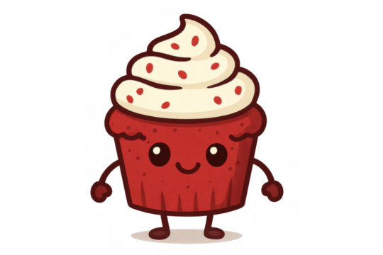 Cute red velvet cupcake character smiling, enjoying a happy sweet moment with cream frosting and sprinkles, transparent background - Powered by Adobe