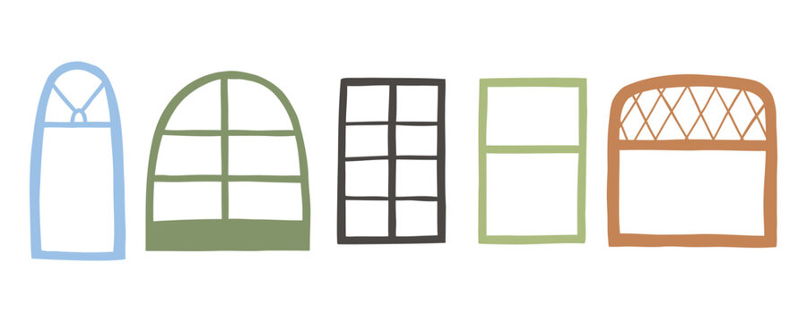 Set of flat cartoon hand drawn variations windows. Vector illustration for design, print and scrapbooking.