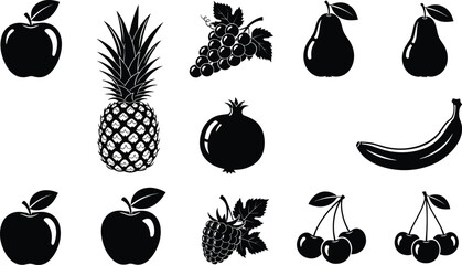 Fruit silhouette set, vector illustration collection of apple, pineapple, grapes, pear, banana and berries, black icons isolated on white background, fresh healthy food symbols.