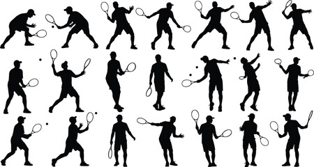 Tennis player silhouette set, vector illustration of male athletes playing sport, serving and hitting ball, black shapes isolated on white background, game action collection.