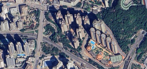 Aerial Satellite View of Hong Kong Urban Density and Skyscraper Architecture
