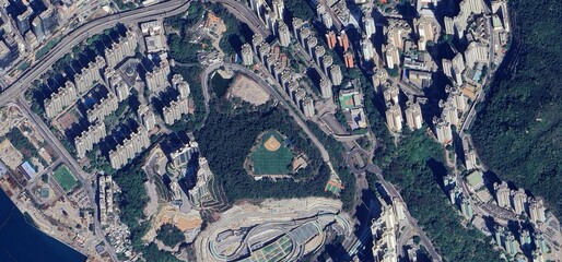 Aerial Satellite View of Hong Kong Urban Density and Skyscraper Architecture
