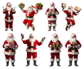 PNG Joyful Santas holding colorful gifts, element set on transparent background