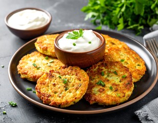 Golden fried vegetable fritters plated with creamy white sauce and fresh parsley on a dark surface
