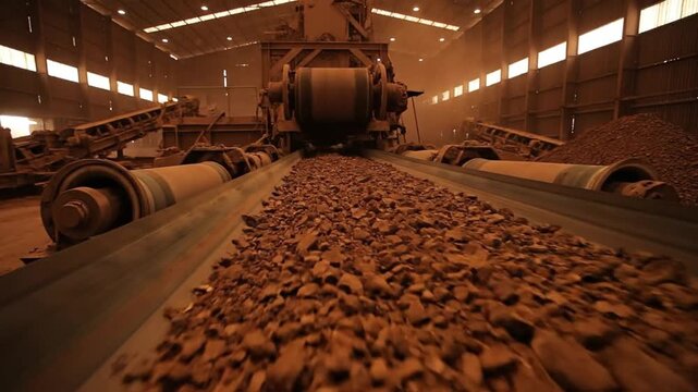 Bauxite Ore Moving on a Conveyor Belt in an Aluminum Factory.
