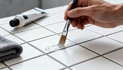 Medium shot showing sealing of grout after cleaning highlighting the careful application of protective sealant to preserve grout durability and enhance tile longevity.