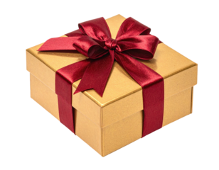 A golden, square gift box with a deep red satin ribbon and bow, isolated on black background