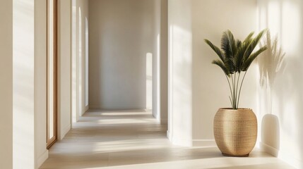 Fototapeta premium Minimalist Hallway with Palm and Light, interior , home decor