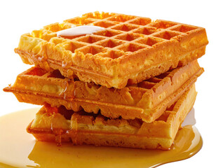 A stack of three golden, fluffy breakfast pastries with syrup and a pat of butter