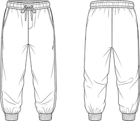 Black and white line art fashion flat sketch of sweatpants front and back views trousers