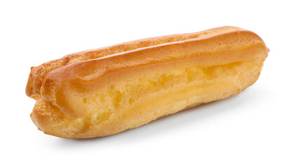 One tasty eclair isolated on white. Delicious dessert