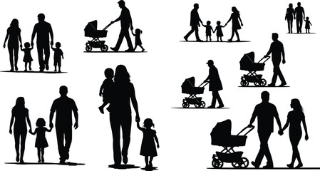 Obraz premium Black silhouettes of families walking with children and strollers family people