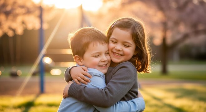 Little boy and girl hugging each other. Concept of sibling love, friendship, and childhood joy in a sunlit park.