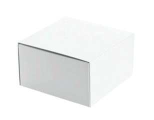 A blank, white, folded cardboard box on a transparent background, slightly angled
