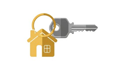 Golden House Key Charm with Silver Key Isolated on White Background.