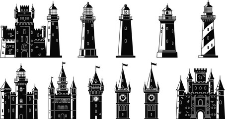Fototapeta premium Collection of black and white silhouette illustrations of lighthouses and castles