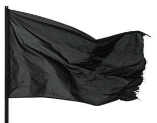 A black flag flies on a pole, billowing slightly in the wind, with frayed edges