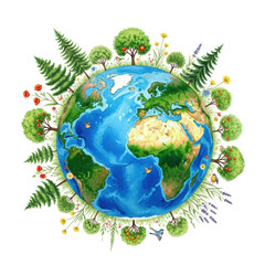 A vibrant, healthy earth with lush green land, clear blue oceans, diverse trees, colorful songbirds, and wildflowers in illustrative watercolor on a transparent background with studio lighting,