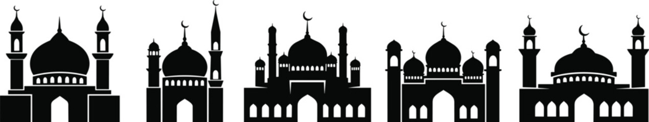 Collection of Black Islamic Mosque Silhouettes with Domes and Minarets architecture